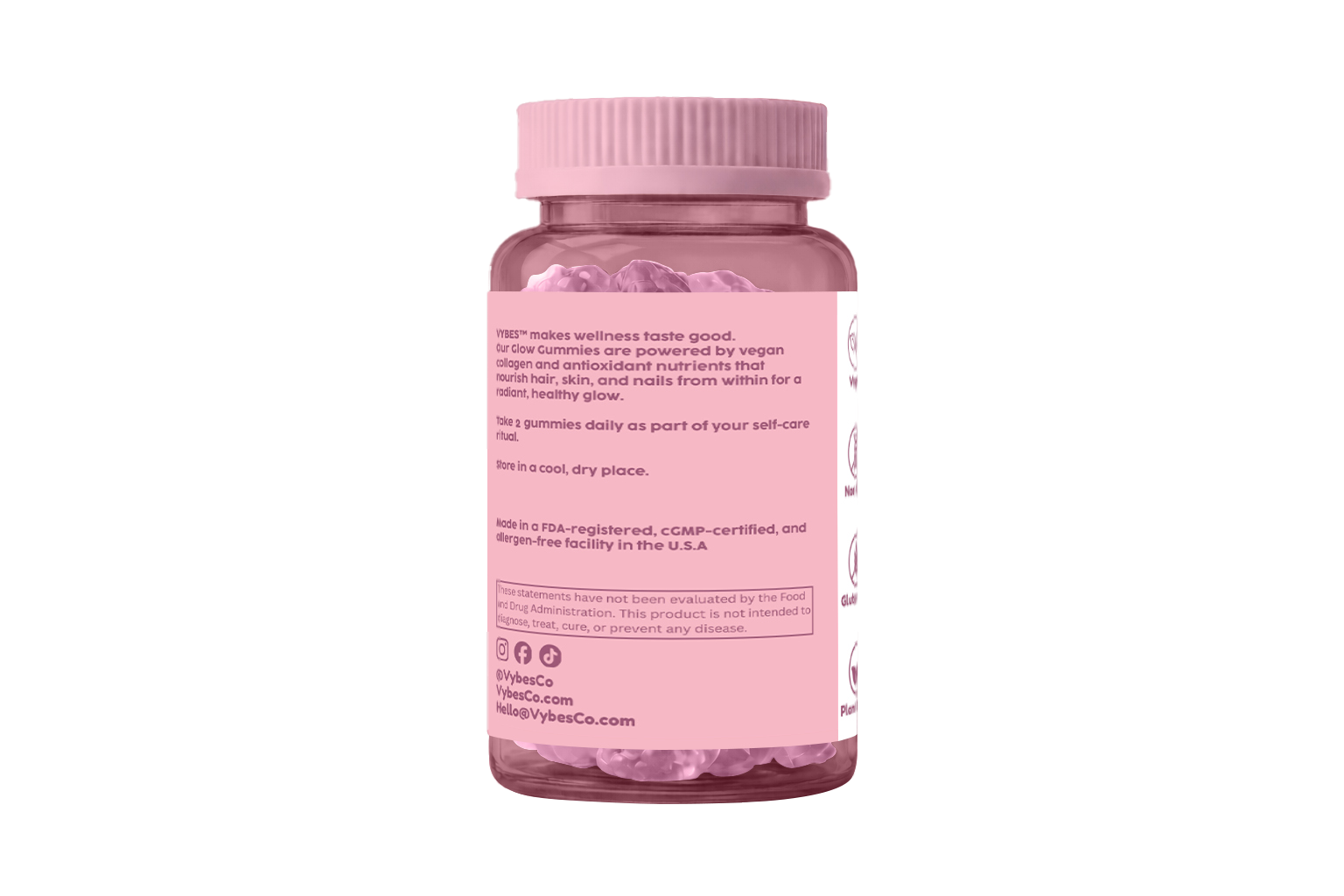 Pink supplement bottle with visible text on a white background