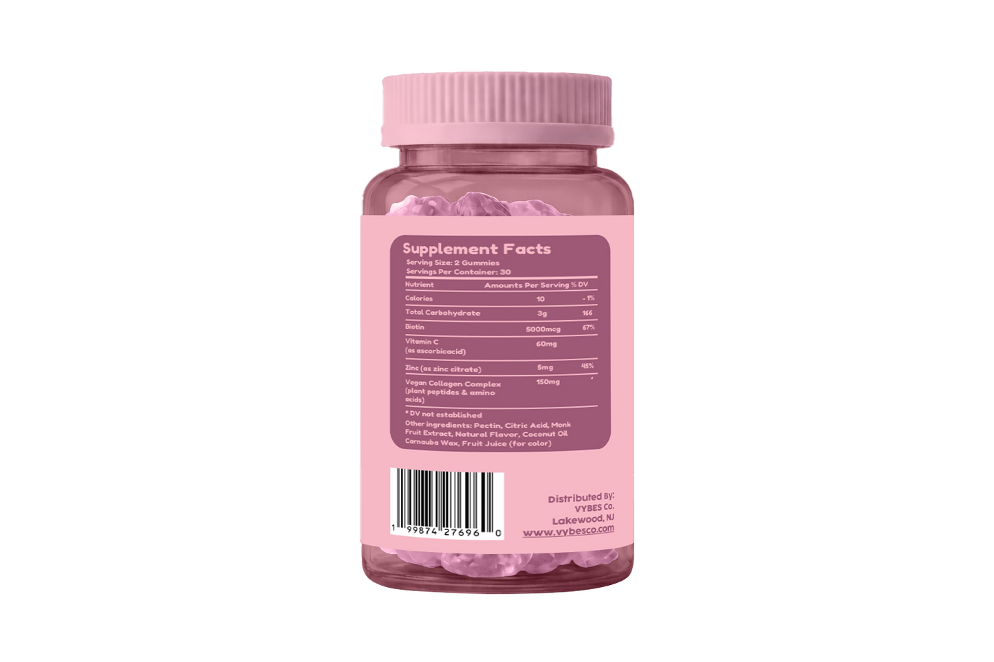 Pink supplement bottle with label on a white background