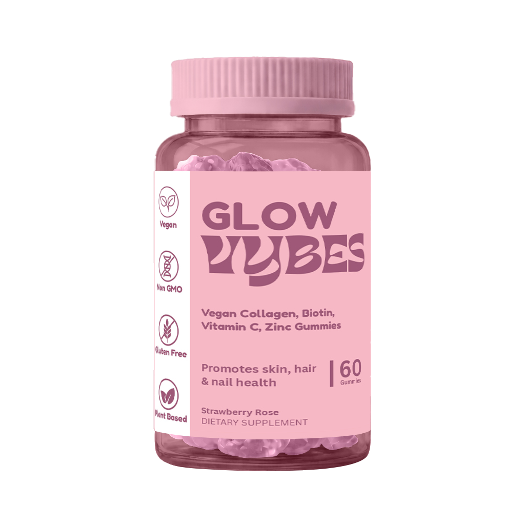 Pink supplement bottle labeled 'Glow Vibes' on a white background