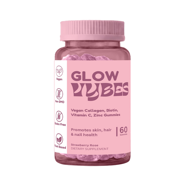 Pink supplement bottle labeled 'Glow Vibes' on a white background
