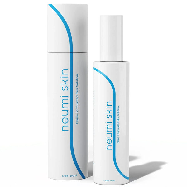 Two white Neumi Skin Nano-Formulated Skin Solution bottles with blue accents, 3.4oz size.