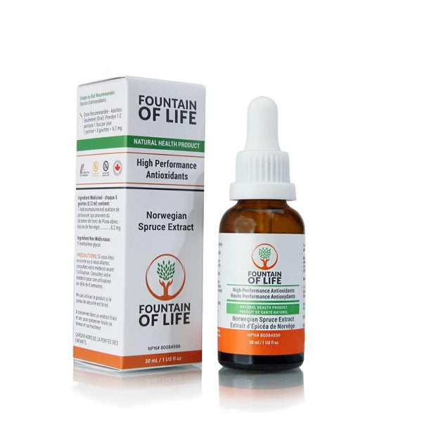 Fountain of Life Norwegian spruce extract antioxidant supplement dropper bottle and box