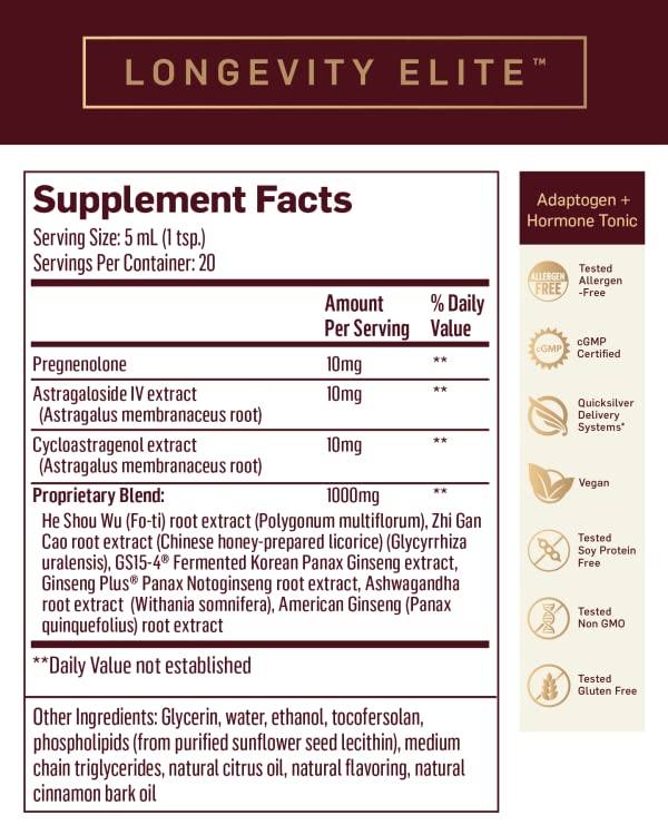 Quicksilver Scientific Longevity Elite - Liposomal Adaptogen + Pregnenolone Tonic - Herbal Supplements Designed for Age Optimization Support While Targeting AMPK, Sirtuins + Telomeres (100ml)