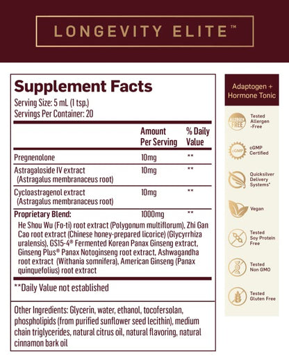Quicksilver Scientific Longevity Elite - Liposomal Adaptogen + Pregnenolone Tonic - Herbal Supplements Designed for Age Optimization Support While Targeting AMPK, Sirtuins + Telomeres (100ml)