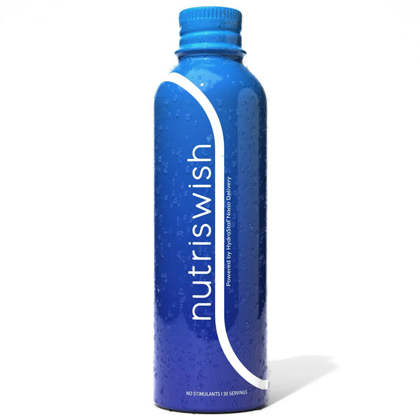 Blue Nutriswish hydration drink bottle with condensation, upright on white background