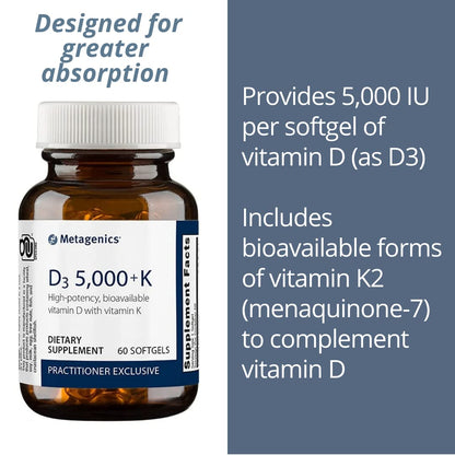 Metagenics - D3 5000 + K, Vitamin D and Vitamin K - 60 Softgels