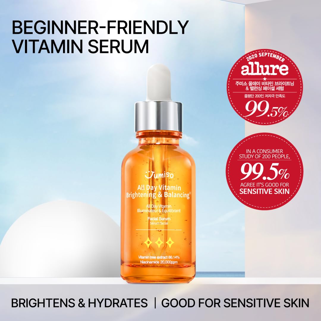 JUMISO All Day Vitamin Serum, Brightening & Balancing Facial Serum, Mother's Day, Gift, Vitamin C, A, B, D, E , Serum with Vitamin, Korean Skincare, Skin brightening, soothing, Vegan serum, Vitamin tree extract 86.14%, Niacinamide 20,000ppm