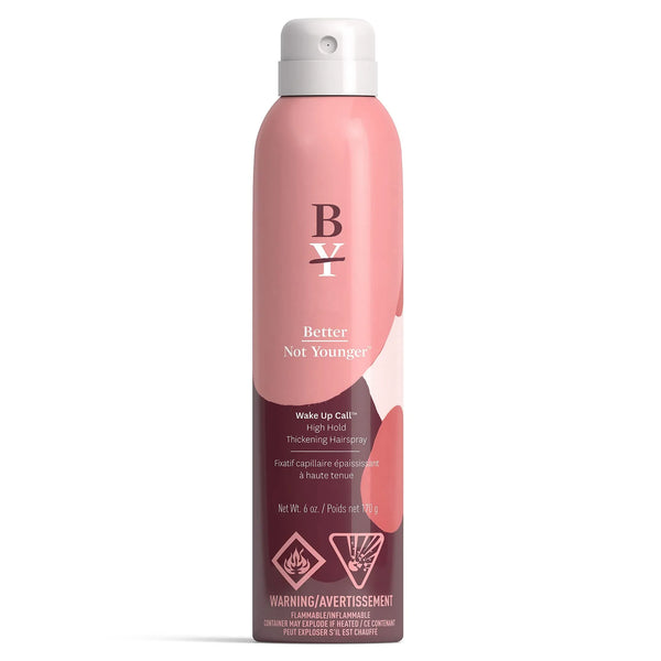 Better Not Younger Wake Up Call High Hold Thickening Hairspray can, pink and maroon bottle