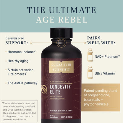 Quicksilver Scientific Longevity Elite - Liposomal Adaptogen + Pregnenolone Tonic - Herbal Supplements Designed for Age Optimization Support While Targeting AMPK, Sirtuins + Telomeres (100ml)